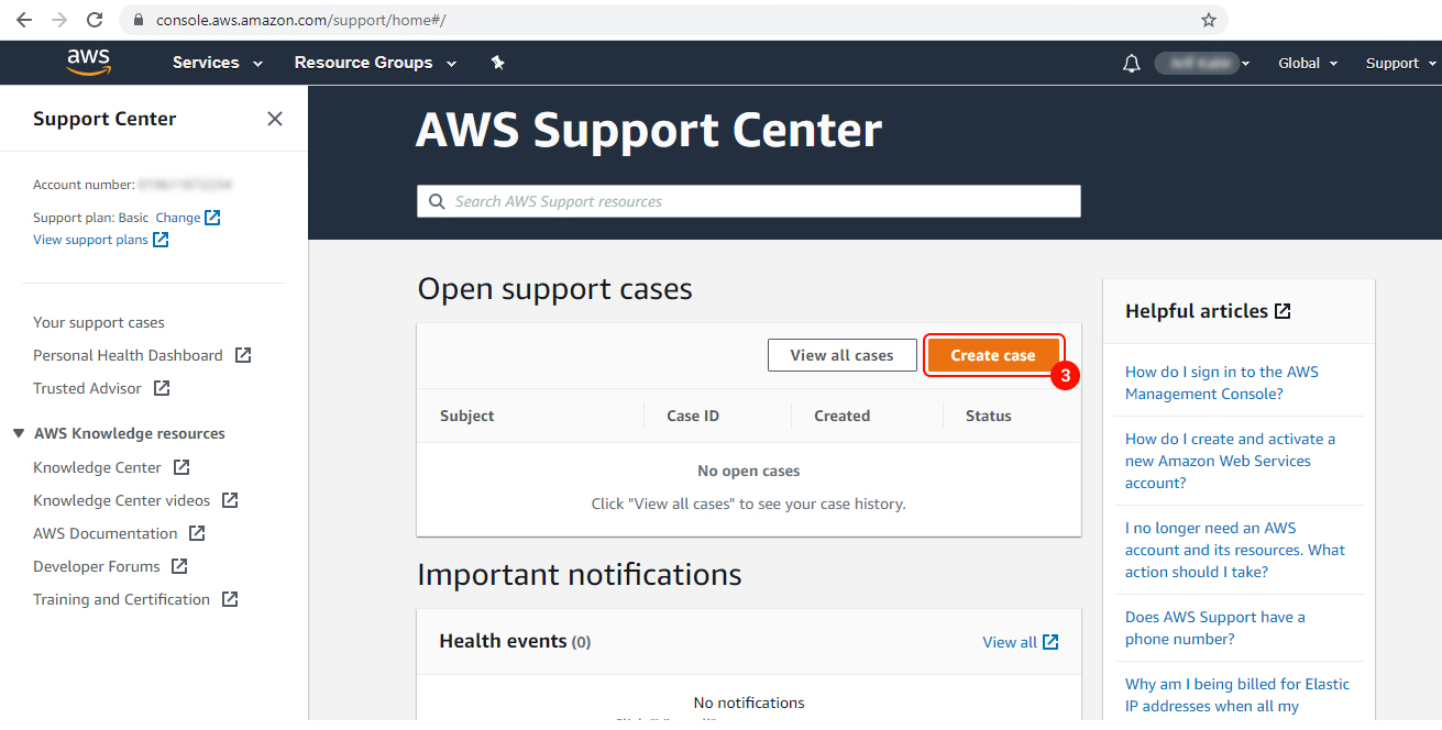 In the “AWS Support Center” page, clicking on the “Create case” button.