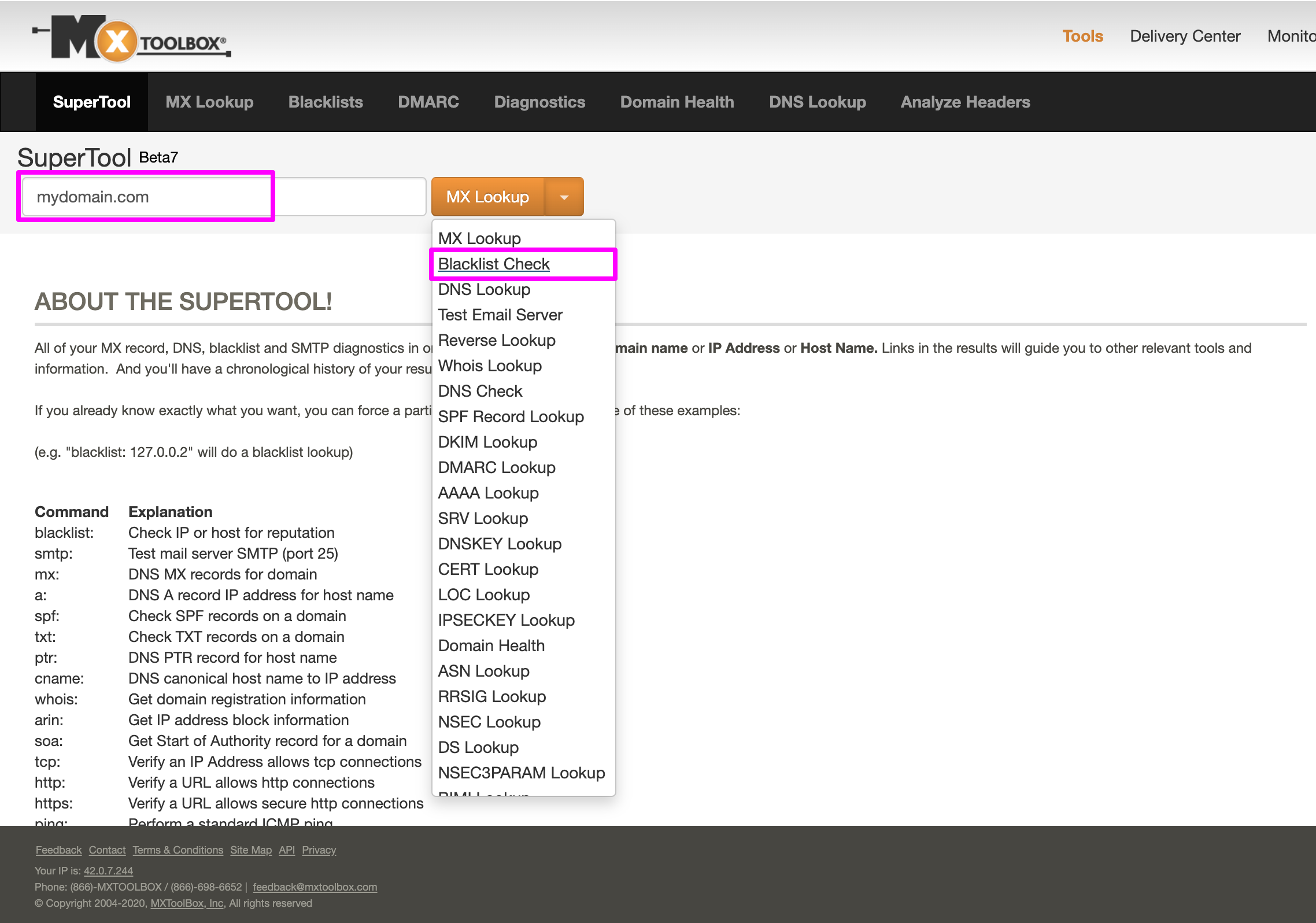 In MxToolbox entering the domain name and selecting Blacklist Check from the dropdown options for IP address blacklist checking.