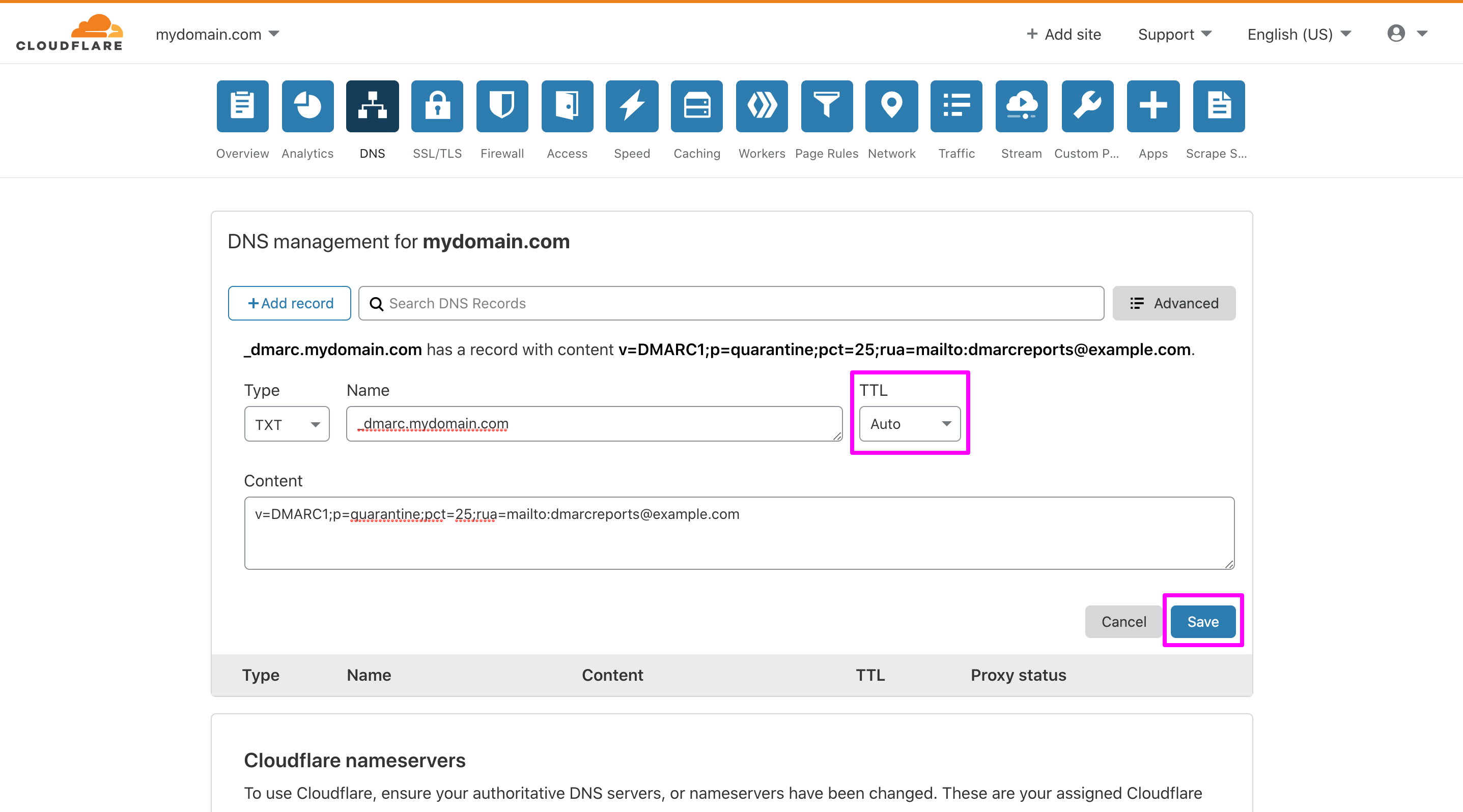 In Cloudflare DNS management page, keeping TTL as auto and clicking the Save button!