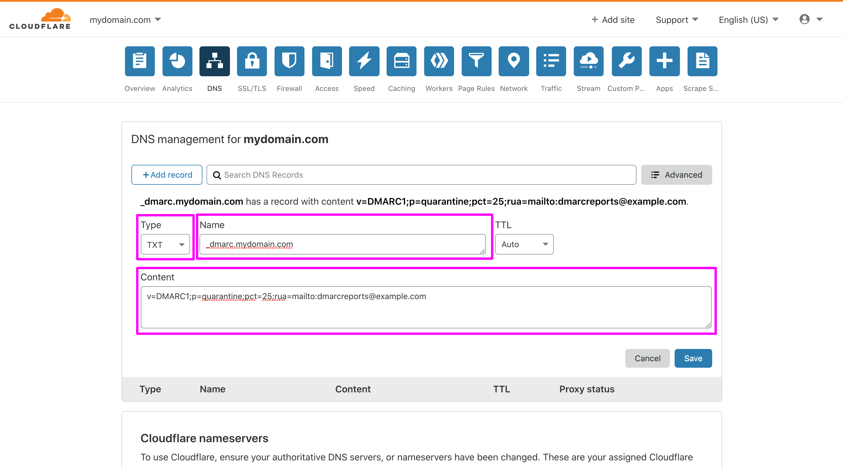 In Cloudflare DNS management page, entering information in the Type, Name, and Content fields.