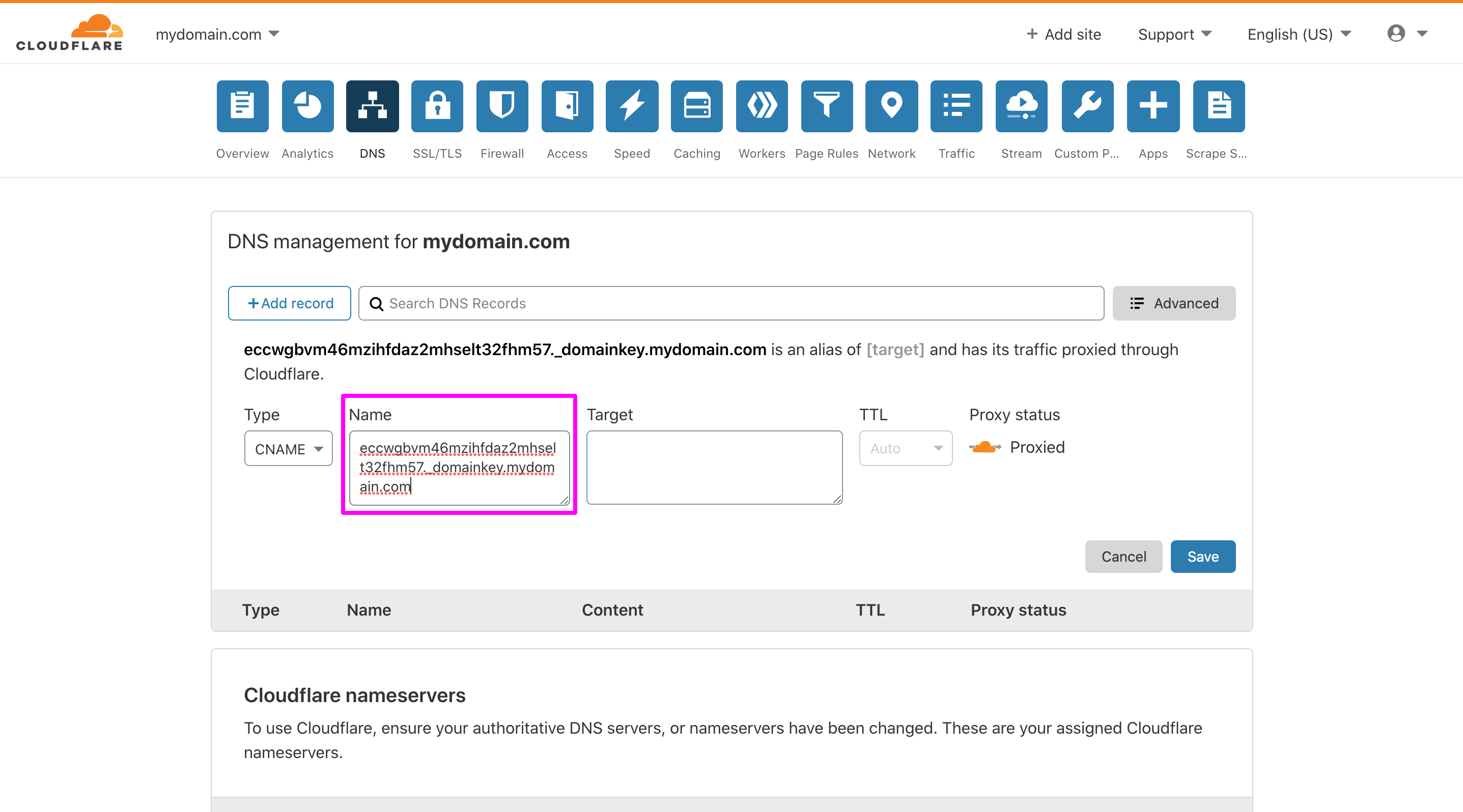 In Cloudflare DNS management page, pasting the AWS DKIM table into the Name field.