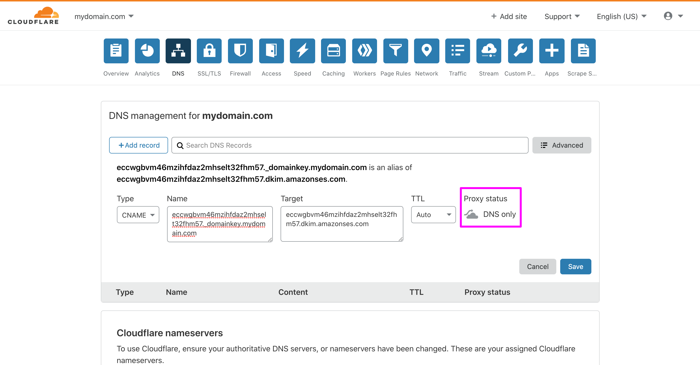 In Cloudflare DNS management page, the Proxy status is DNS only (gray color).