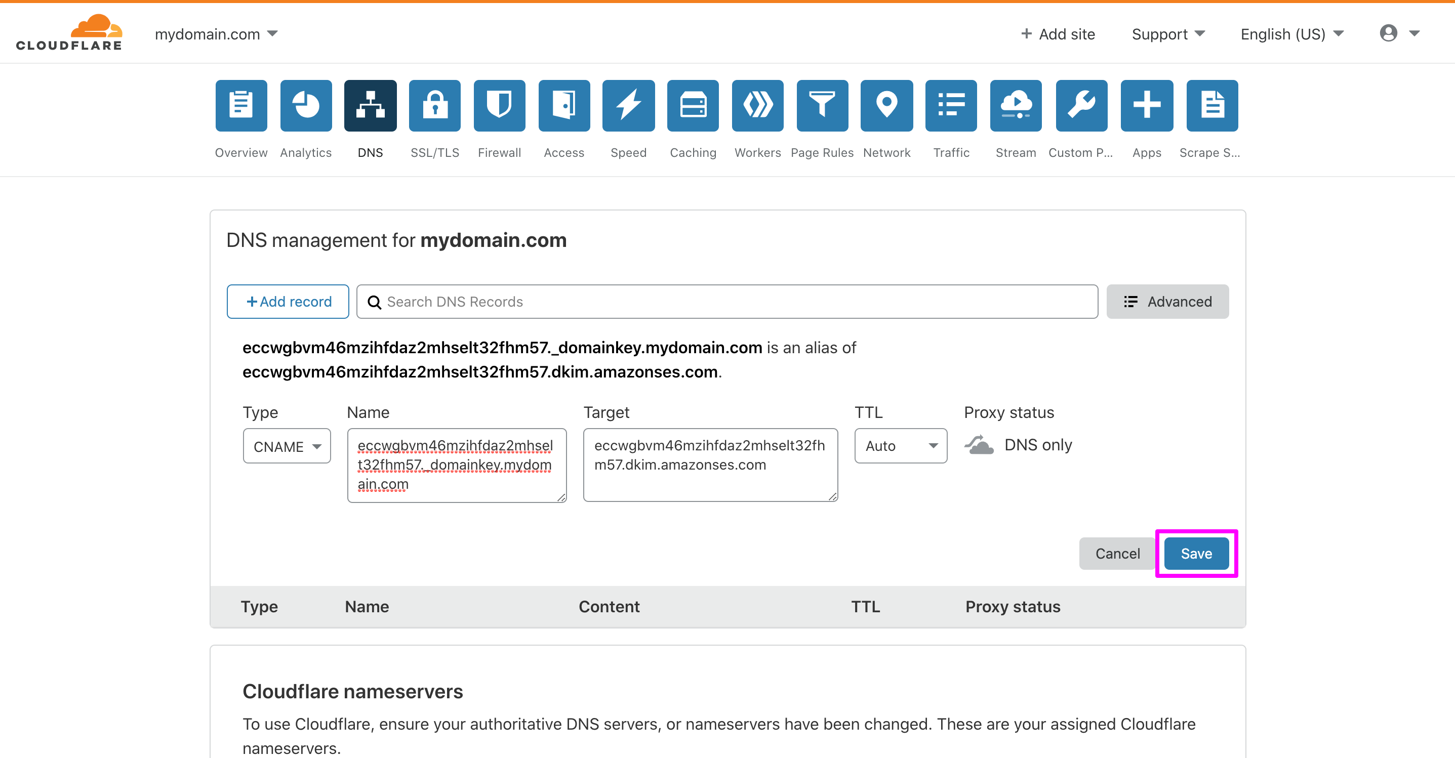 In Cloudflare DNS management page, clicking the Save button to finish adding the DKIM record.