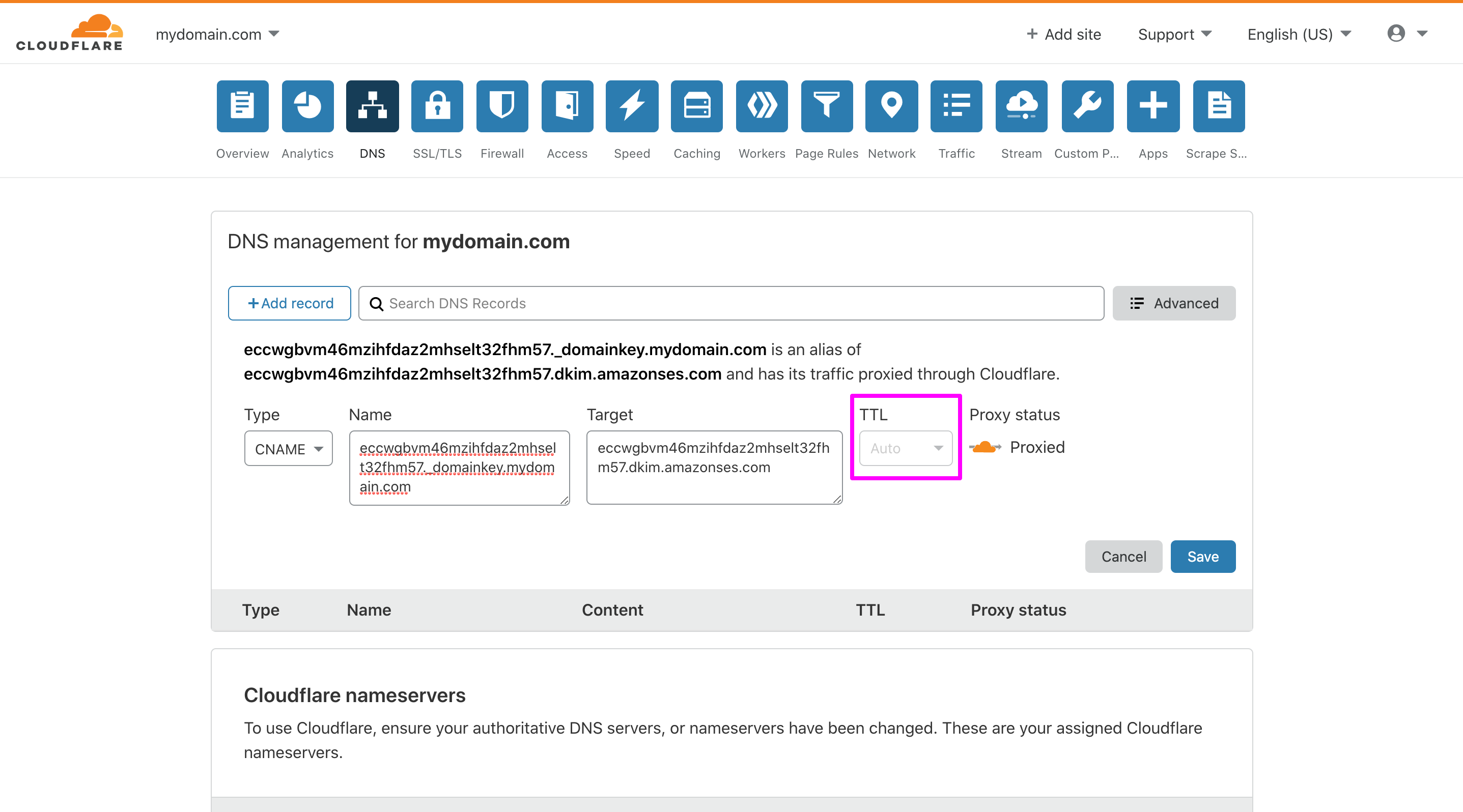 In Cloudflare DNS management page, the empty TTL (Time to Live) field.