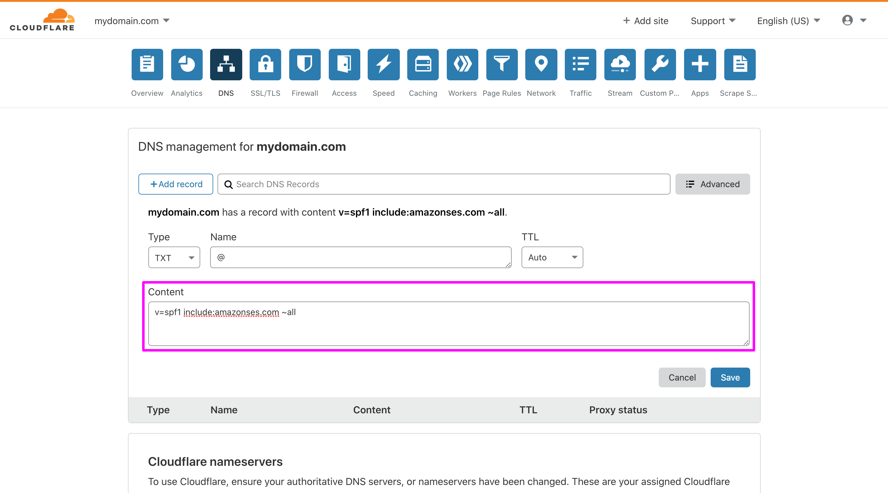 In Cloudflare DNS management page, entering SPF record (e.g. "v=spf1 include:amazonses.com ~all") in the Content.