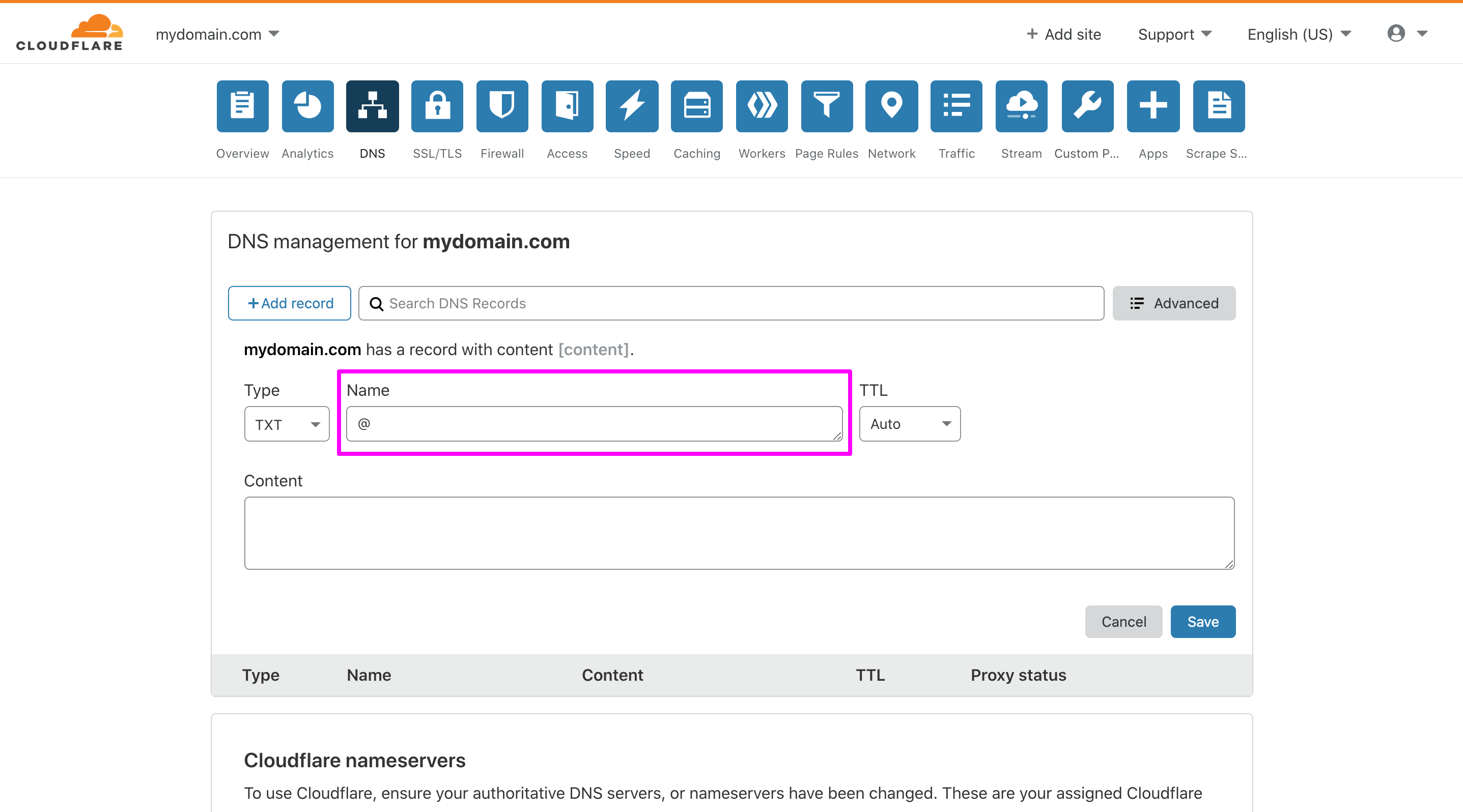 In Cloudflare DNS management page, entering the domain name in the Name field.