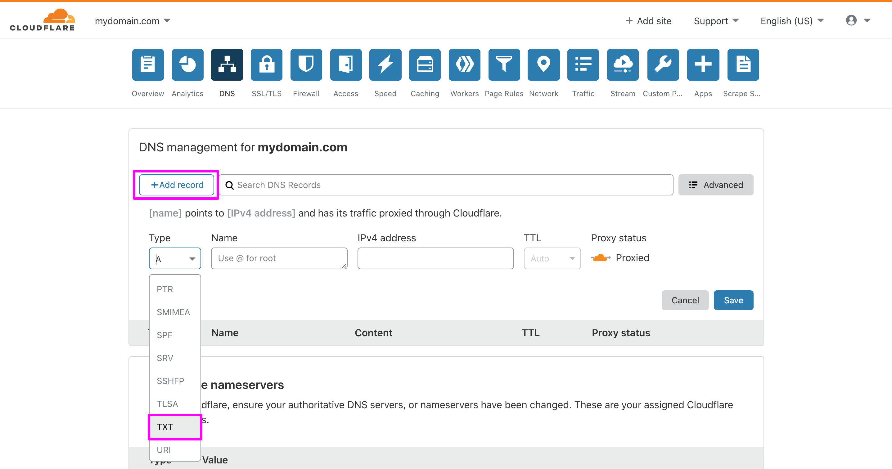 In Cloudflare DNS management page, adding a new TXT type record.