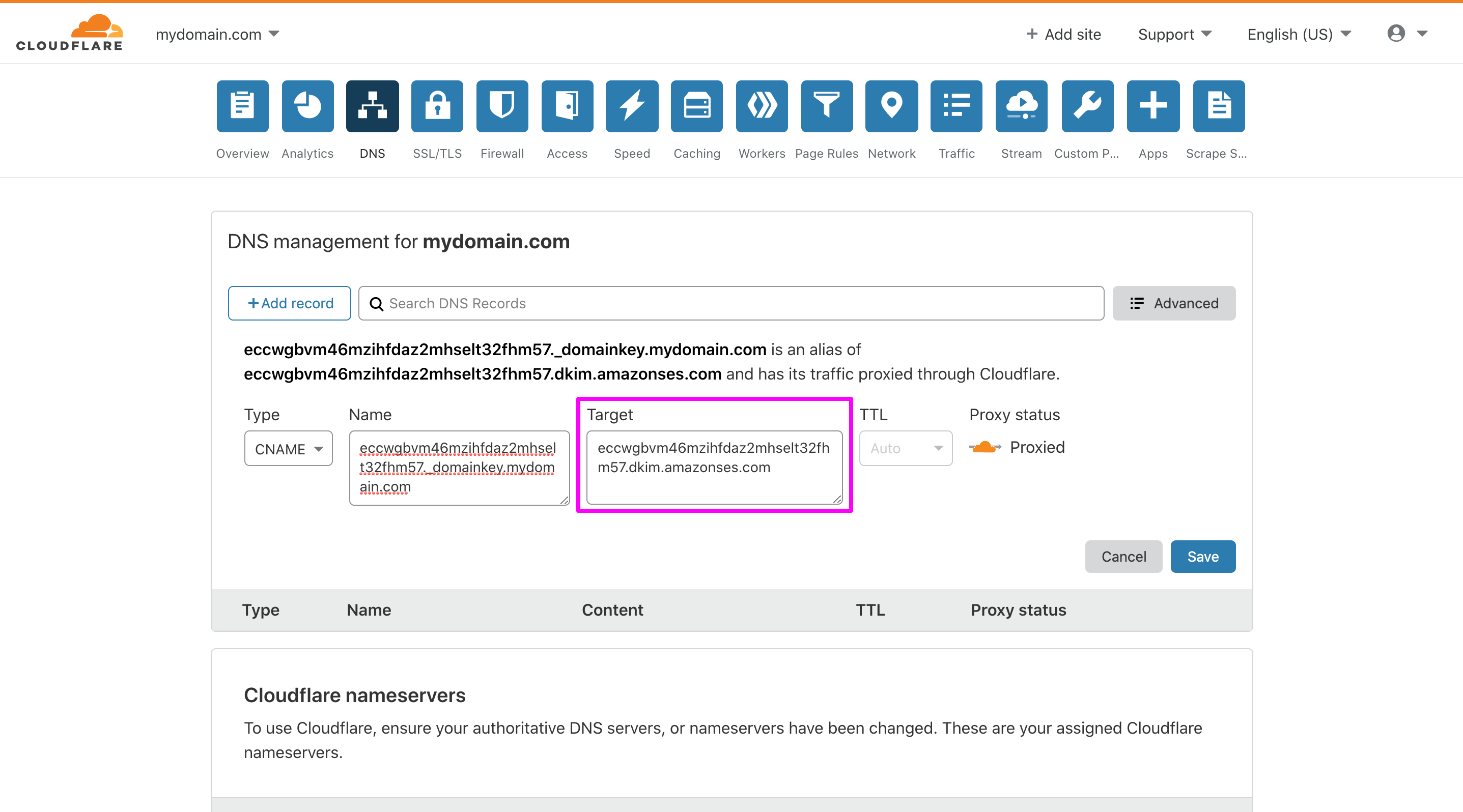 In Cloudflare DNS management page, pasting the AWS DKIM table into the Target field.