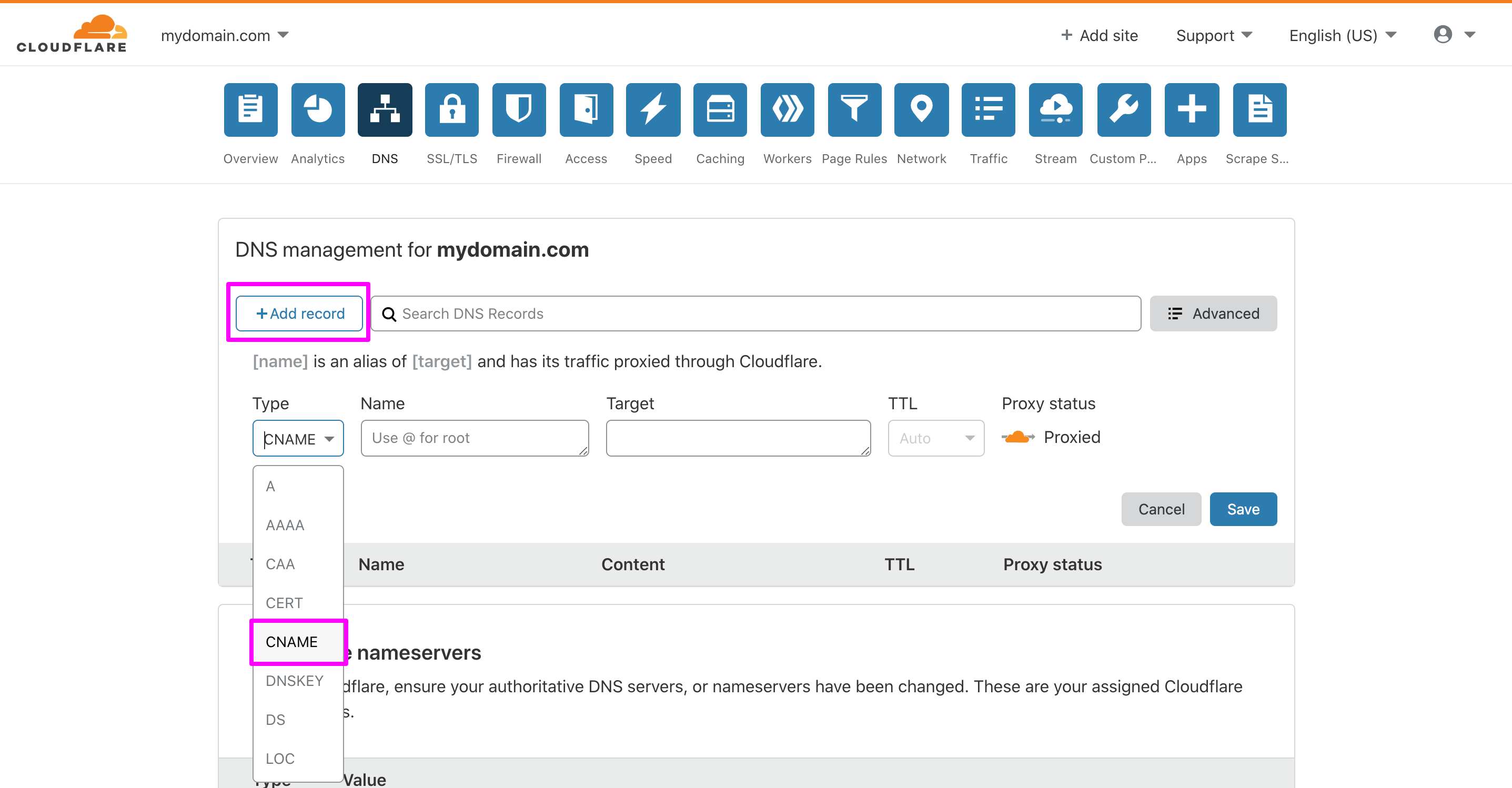 In Cloudflare DNS management page, clicking the Add record button and then selecting CNAME.