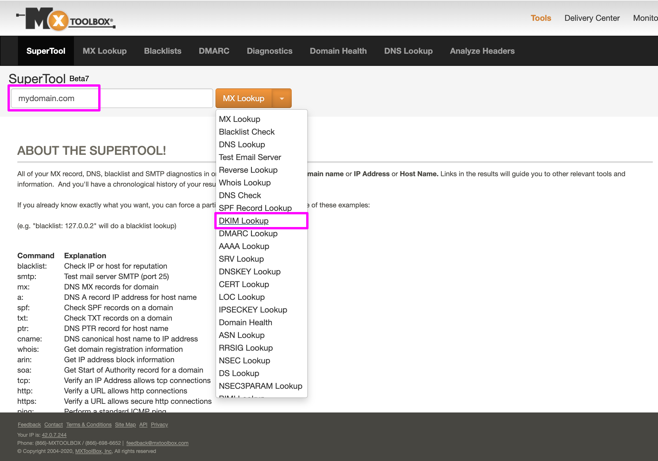 In MxToolbox for DKIM verification, entering the domain name and selecting DKIM Lookup from the dropdown options.