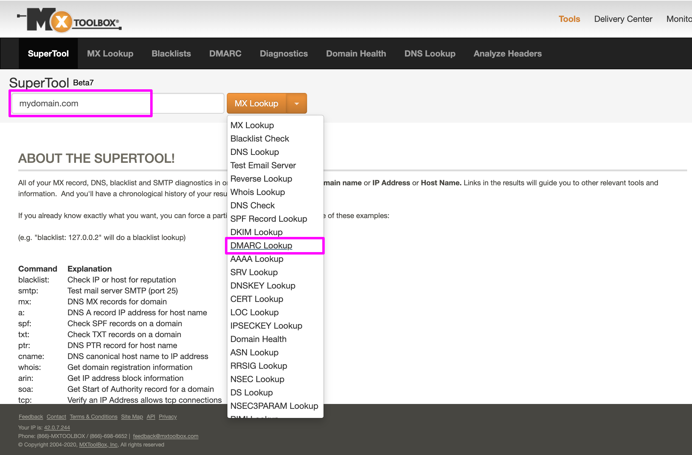 In MxToolbox for DMARC verification, entering the domain name and selecting DMARC Lookup from the dropdown options.