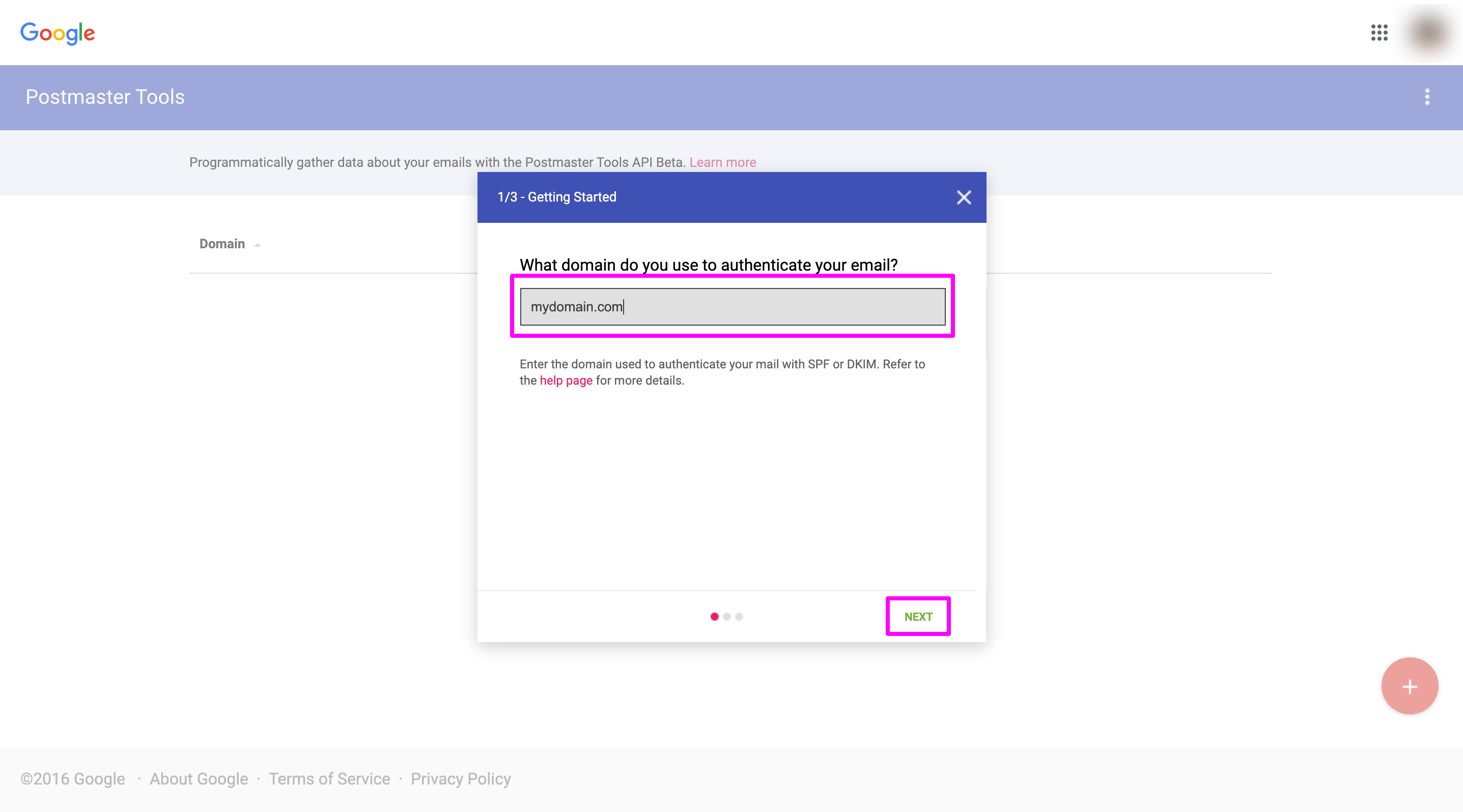 In Postmaster Tools, entering mydomain.com in the domain name field and click Next.