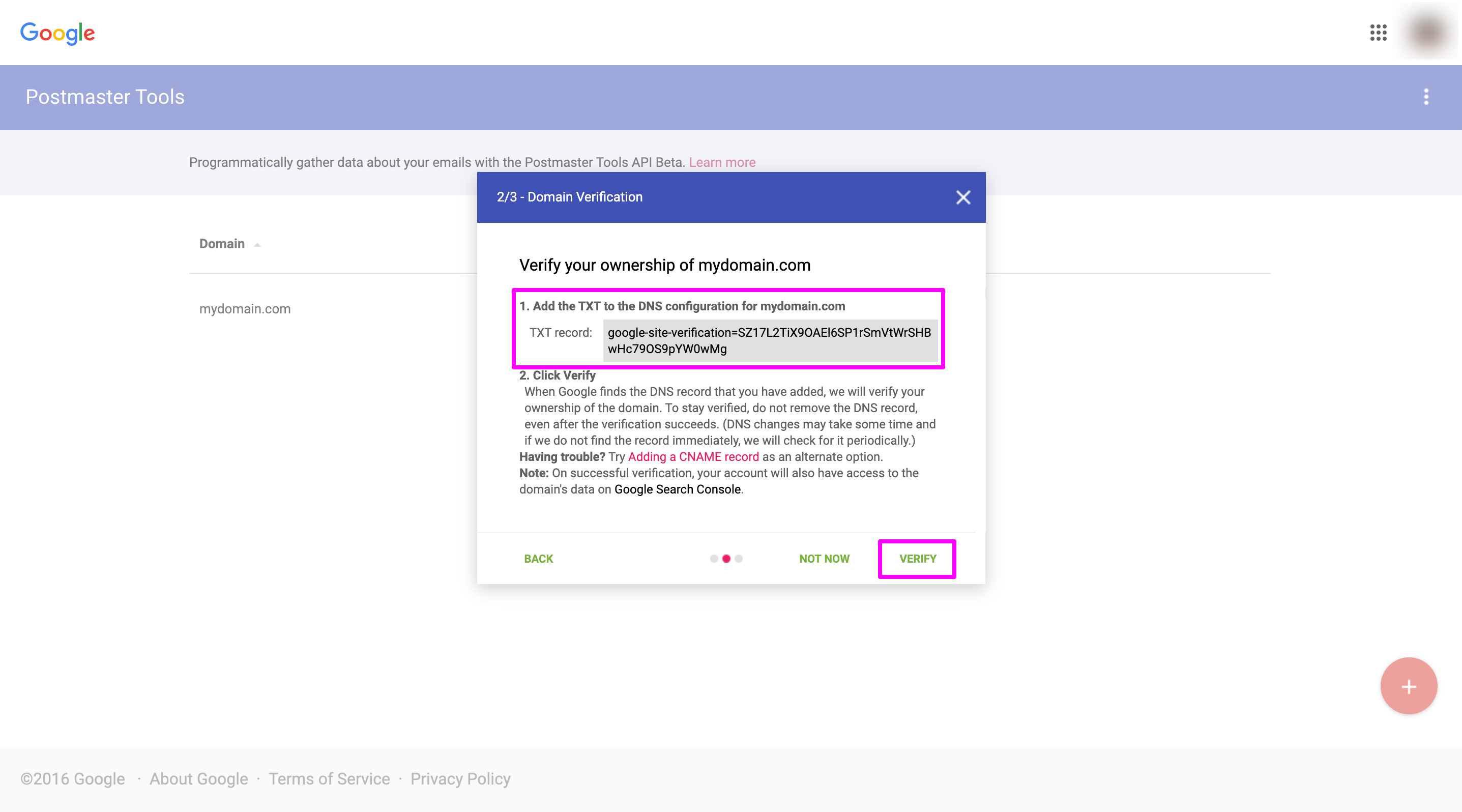 In Postmaster Tools, verifying the ownership of mydomain.com.