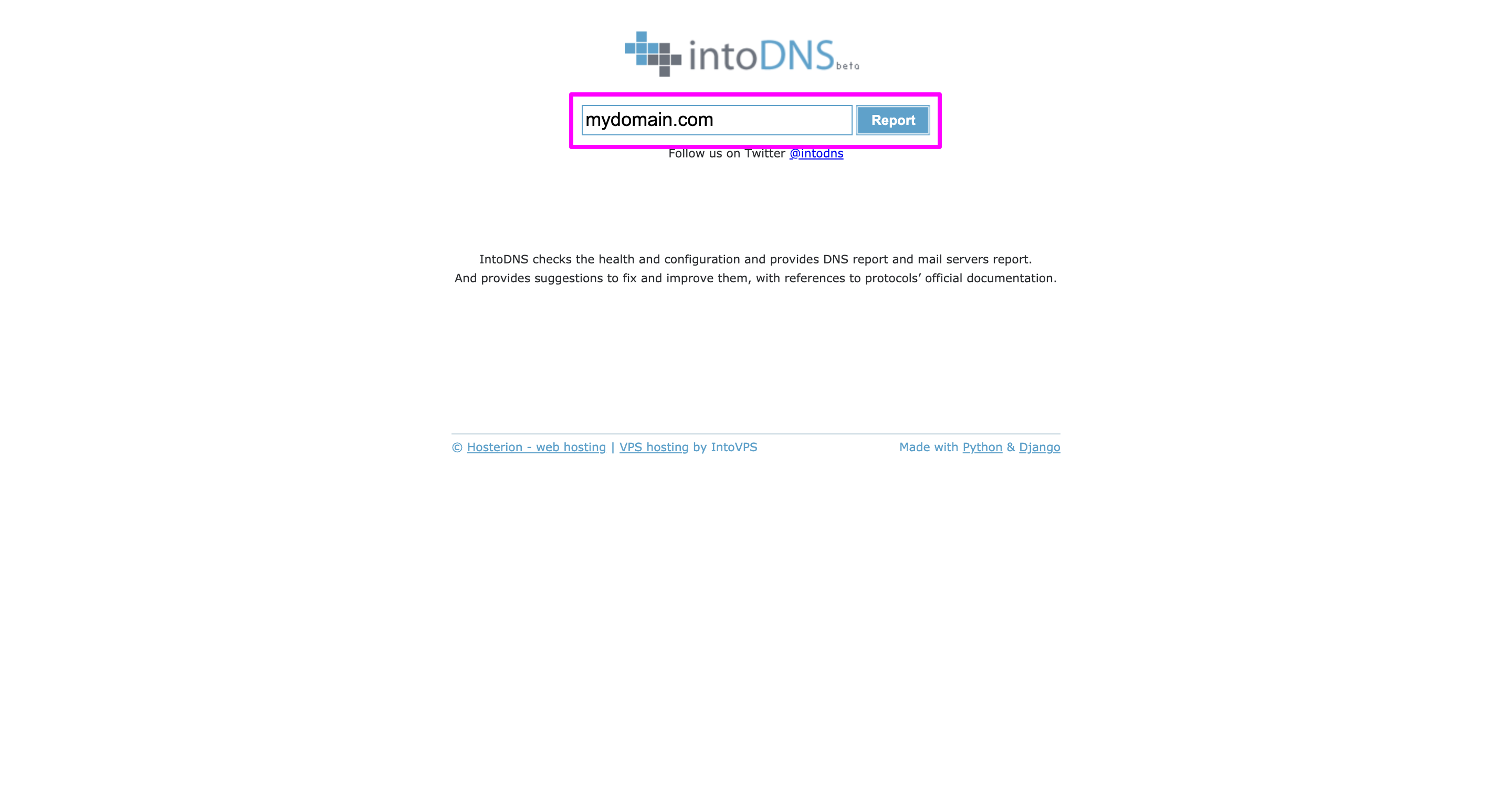 Entering domain name in IntoDNS for getting the DNS and Mail server report.