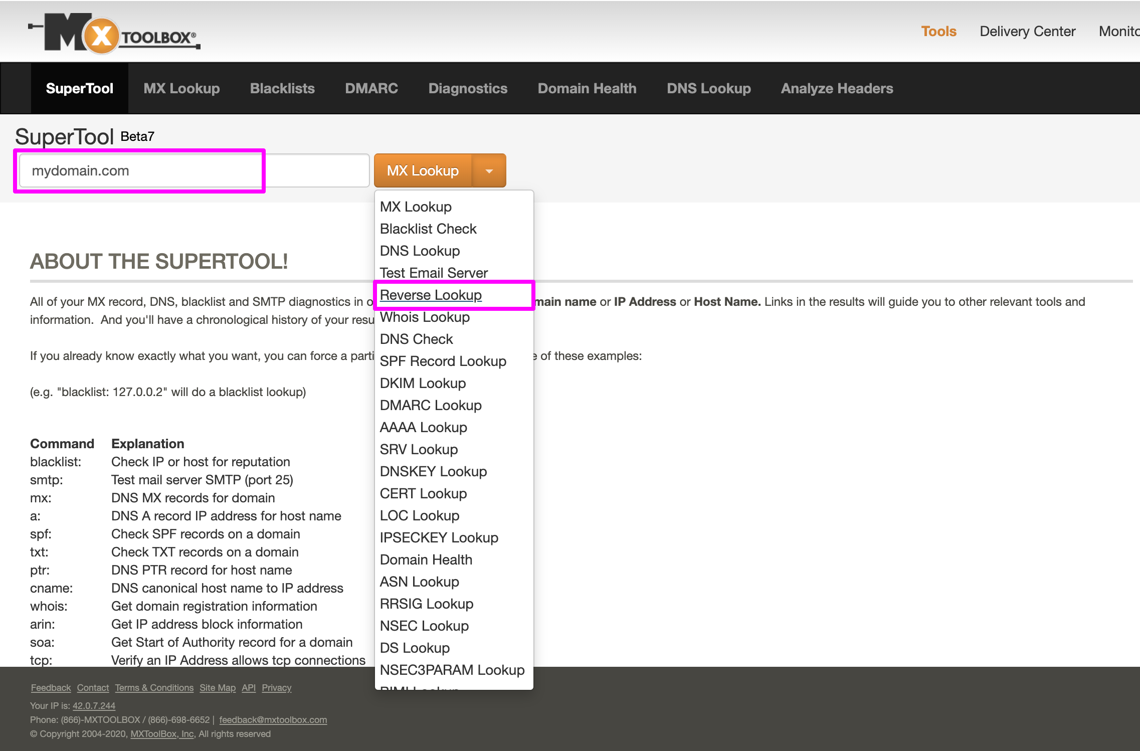 In MxToolbox for PTR verification, entering the domain name and selecting Reverse Lookup from the dropdown options.