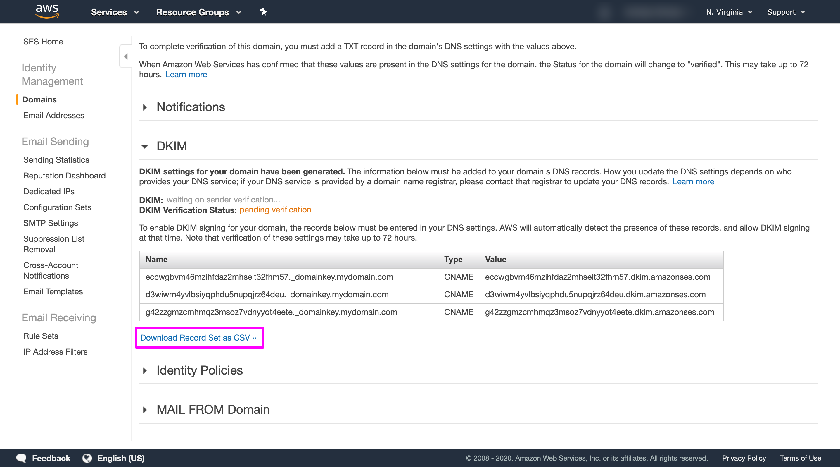 Under the Domains section in Amazon SES console, clicking Download Record set as CSV.