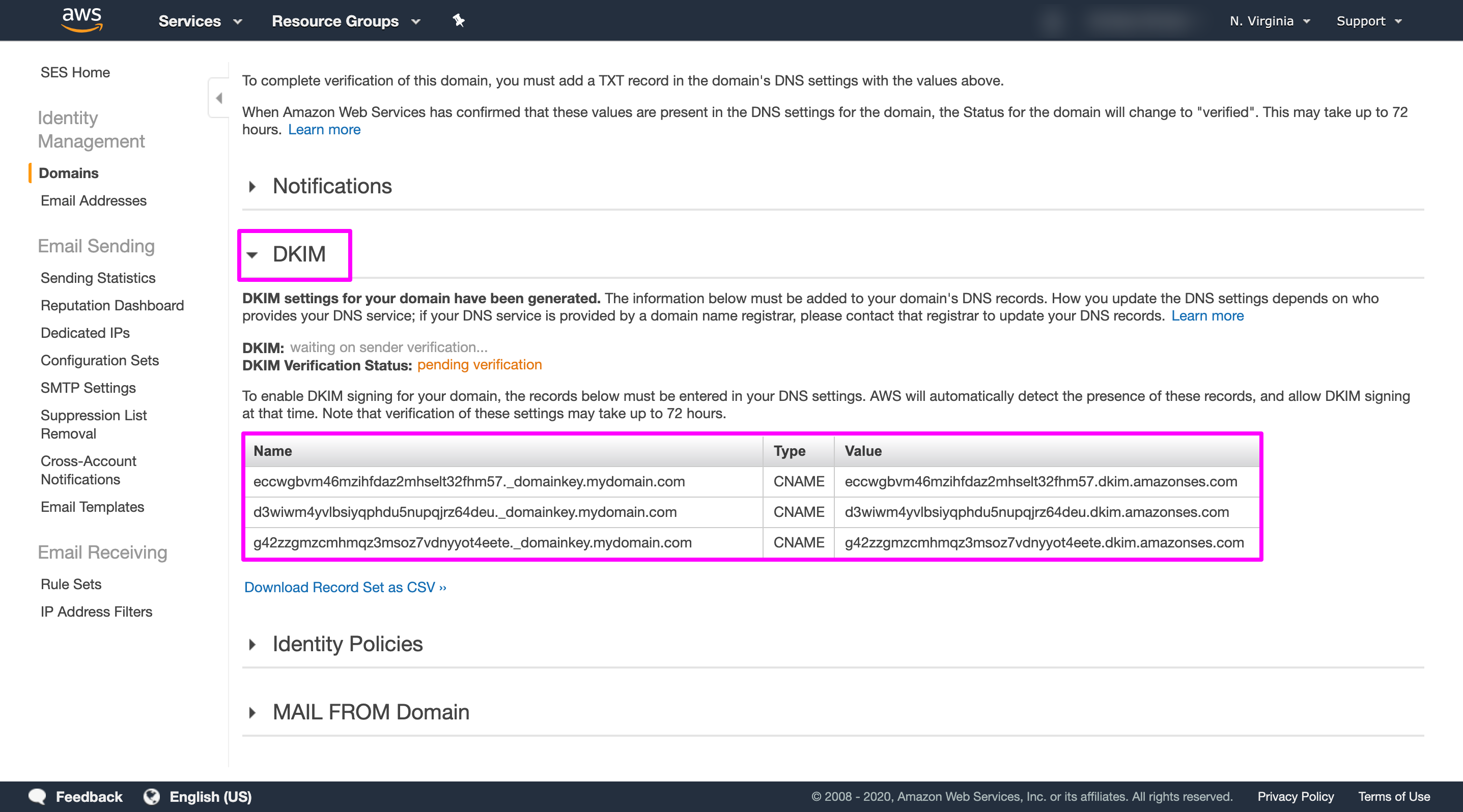 In Amazon SES console, selecting the Domains under Identity Management section in the navigation pane.