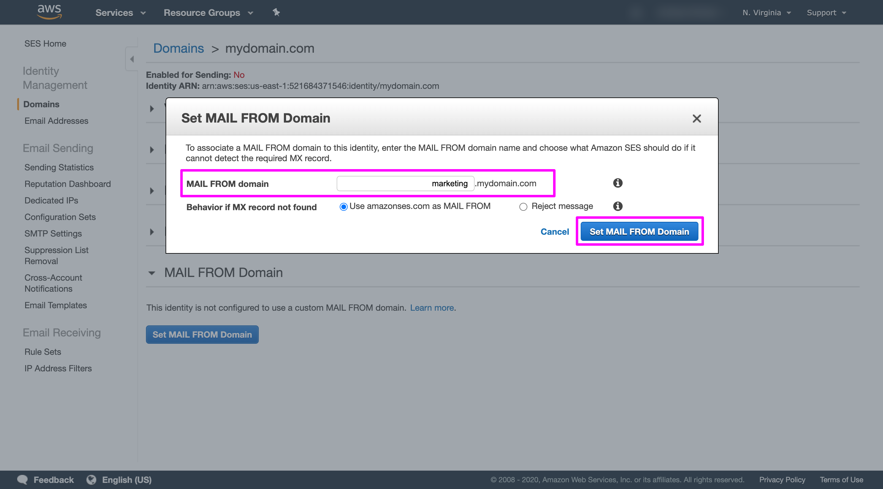 Under MAIL FROM Domain in Amazon SES console, clicking the Set MAIL FROM Domain button.