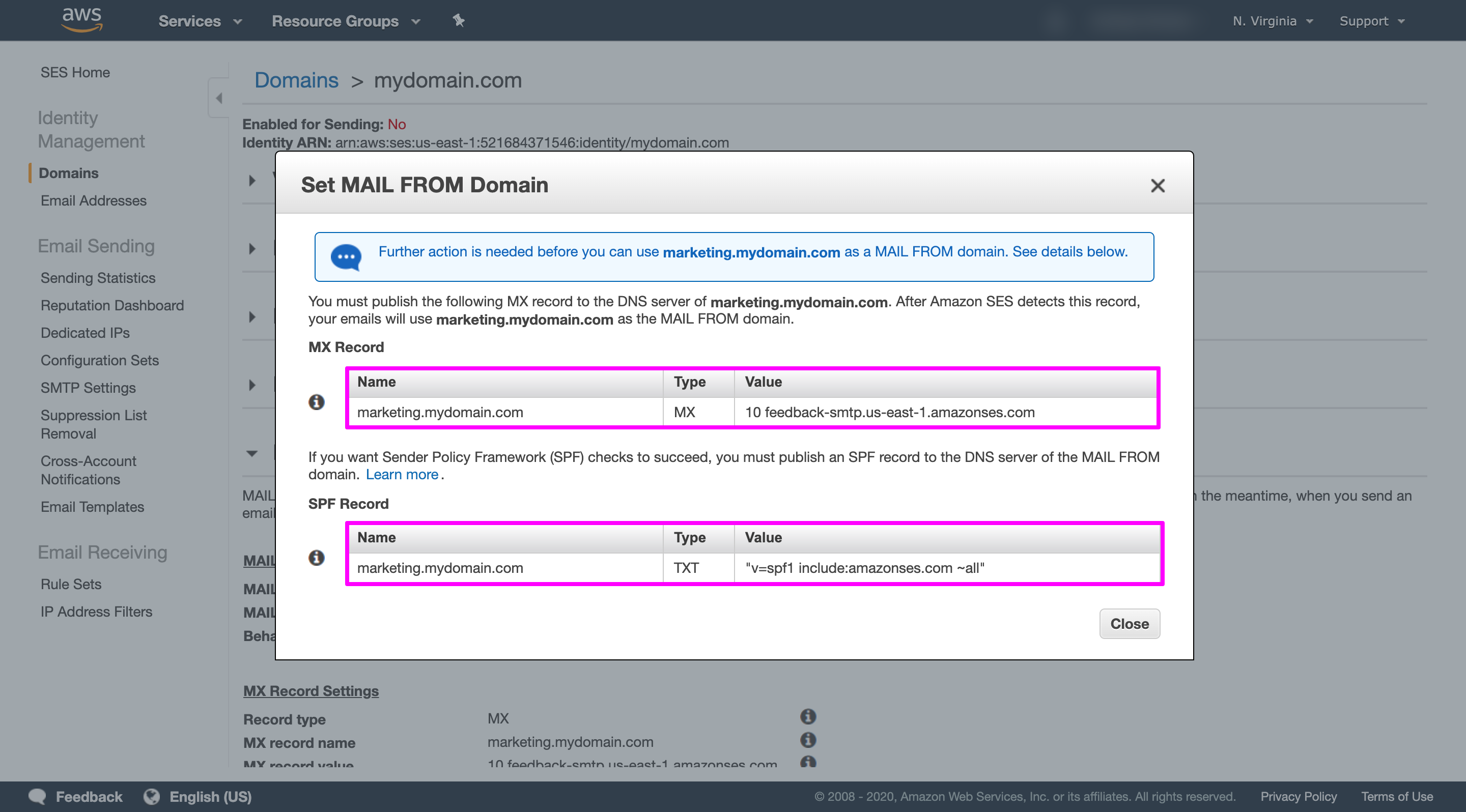 Under MAIL FROM Domain in Amazon SES console, collecting the MX records.