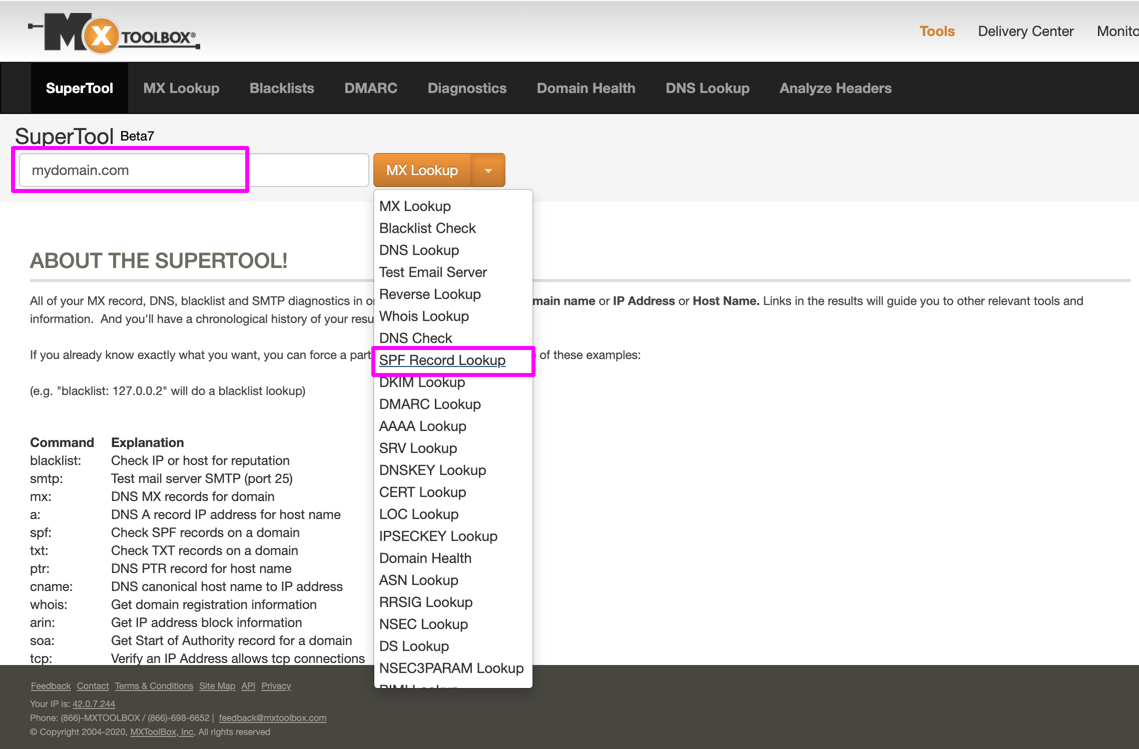 In MxToolbox for SPF verification, entering the domain name and selecting SPF Lookup from the dropdown options.