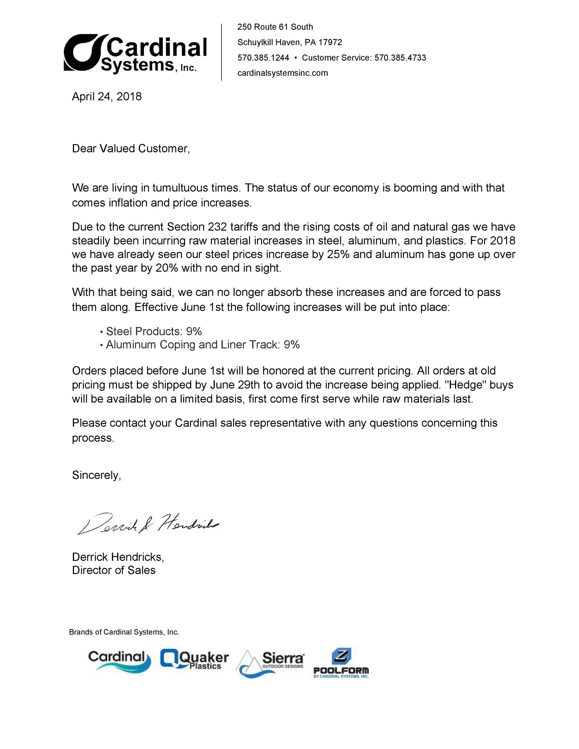 Atkore letter announcing price increase 5/10/2021, Unistrut Hawaii