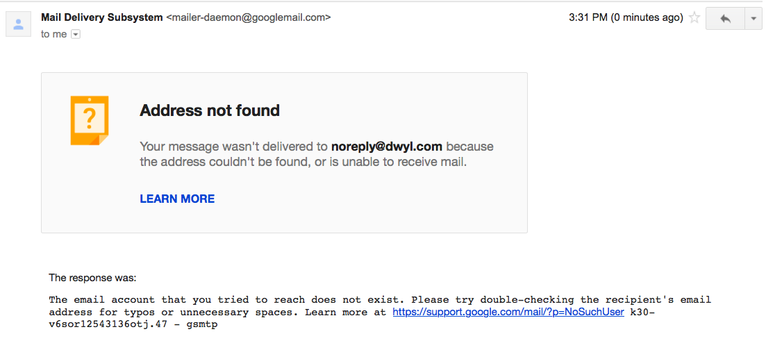 Example of the outcome of sending an email to a noreply email address