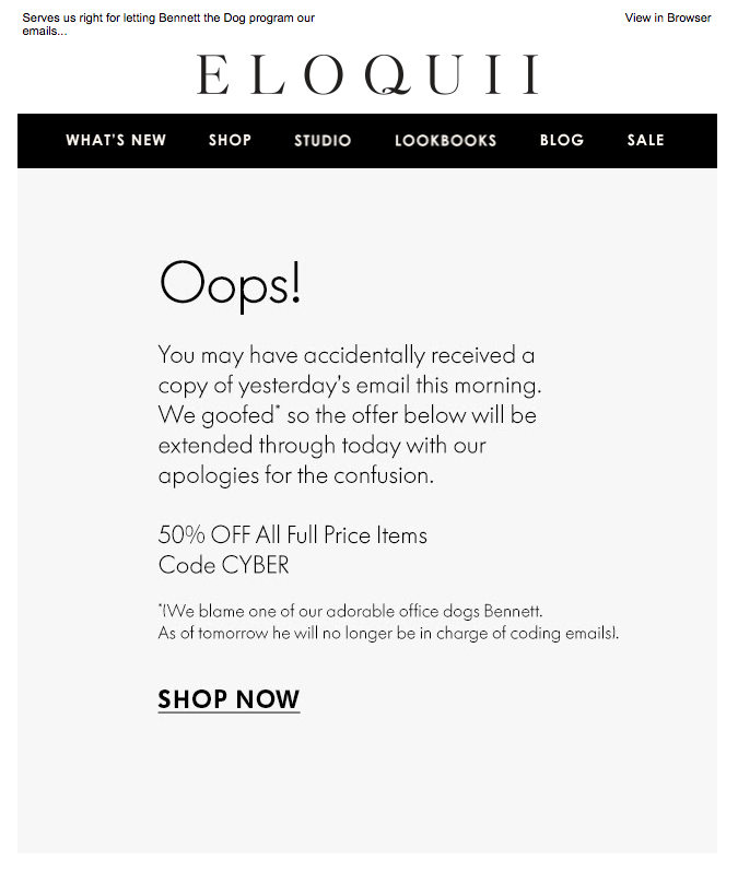 An example of an apology email template by the ELOQUII Design brand
