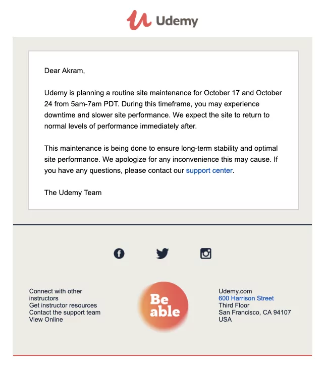 An example of an apology email template by the Udemy brand