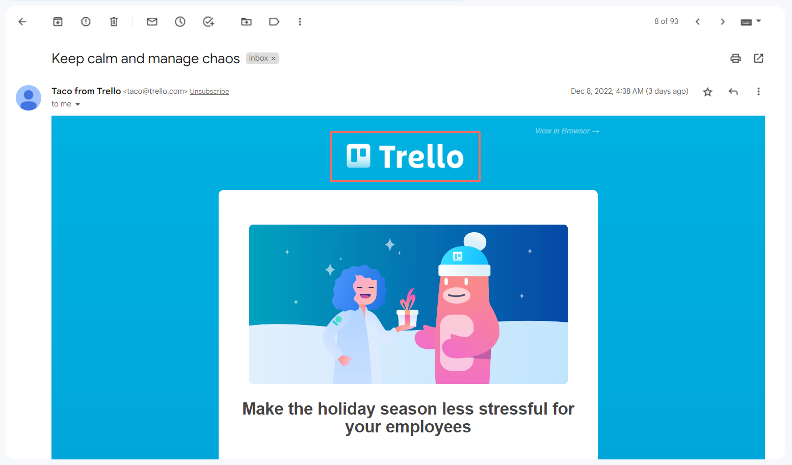 Position of the CTA button in the email header in Trello’s newsletter