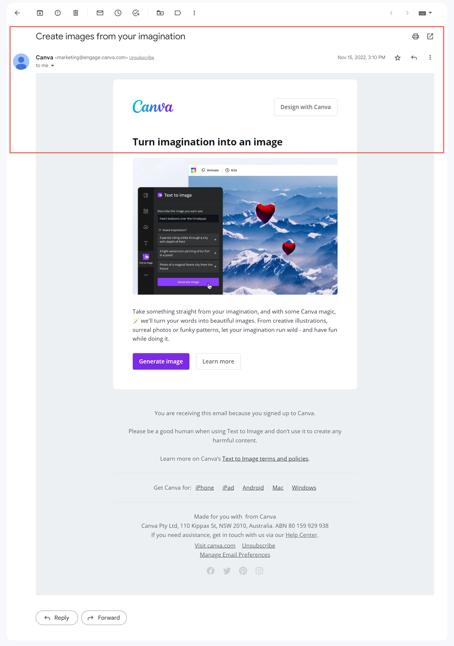 Email header design example in the email newsletter of Canva