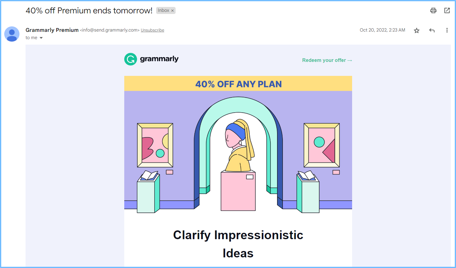Position of the email header portion of Grammarly's newsletter