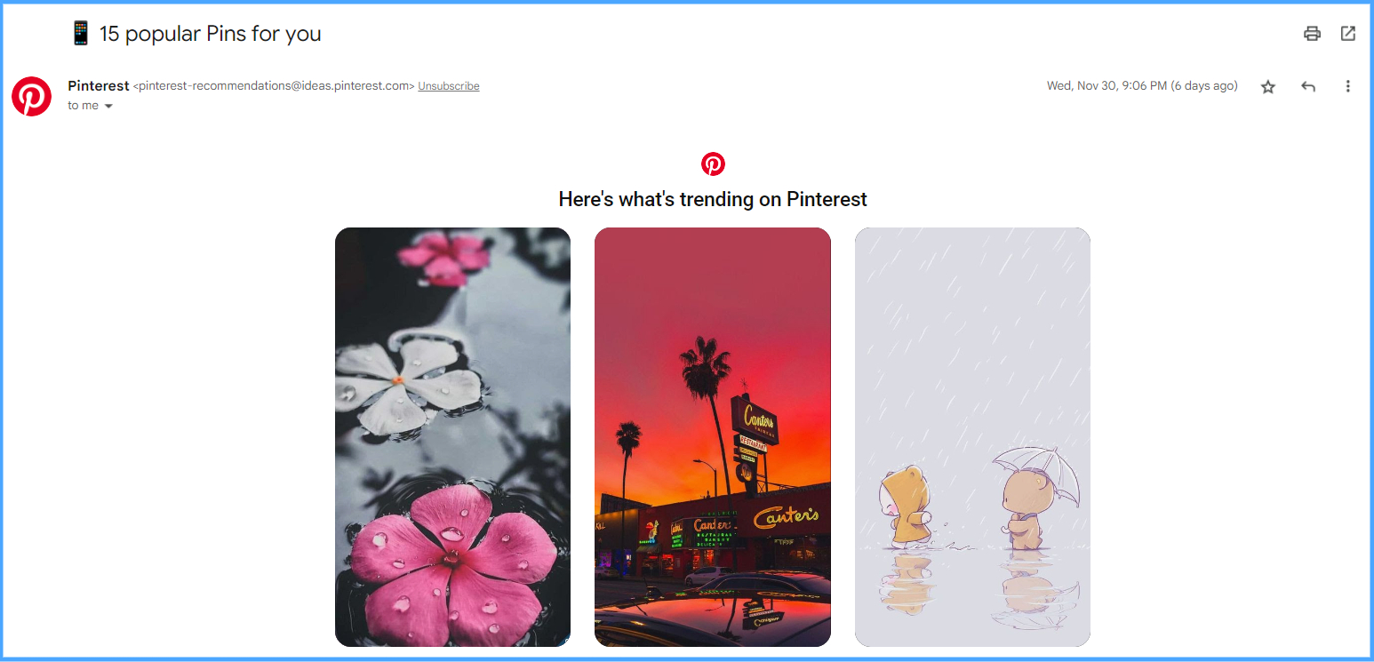 Email header design example in the email newsletter of Pinterest