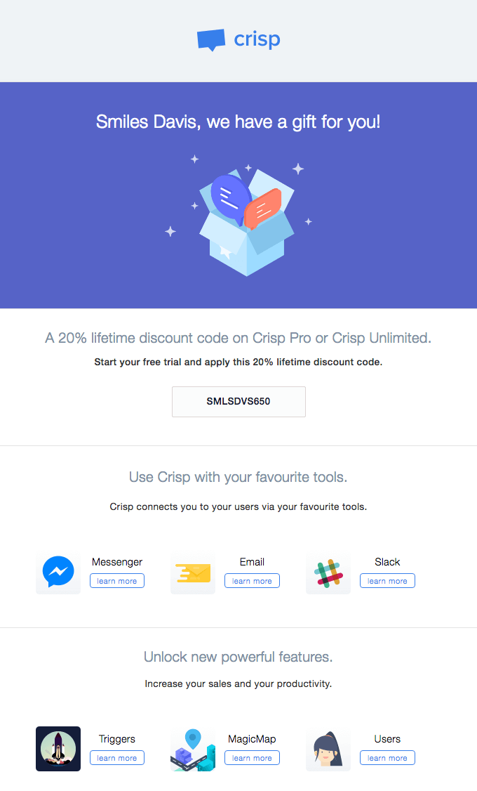 Milestone email example by Crisp. Retention email.