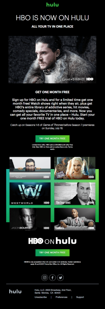 Types of email marketing: Promotional email example by Hulu.