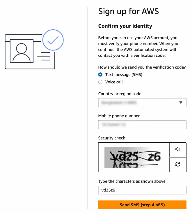 Filling out the Confirm your identity field on the Signing up for AWS form.