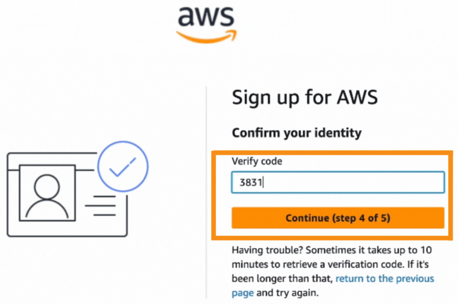 Pasting verification code on the Confirm your identity field on the Signing up for AWS form.
