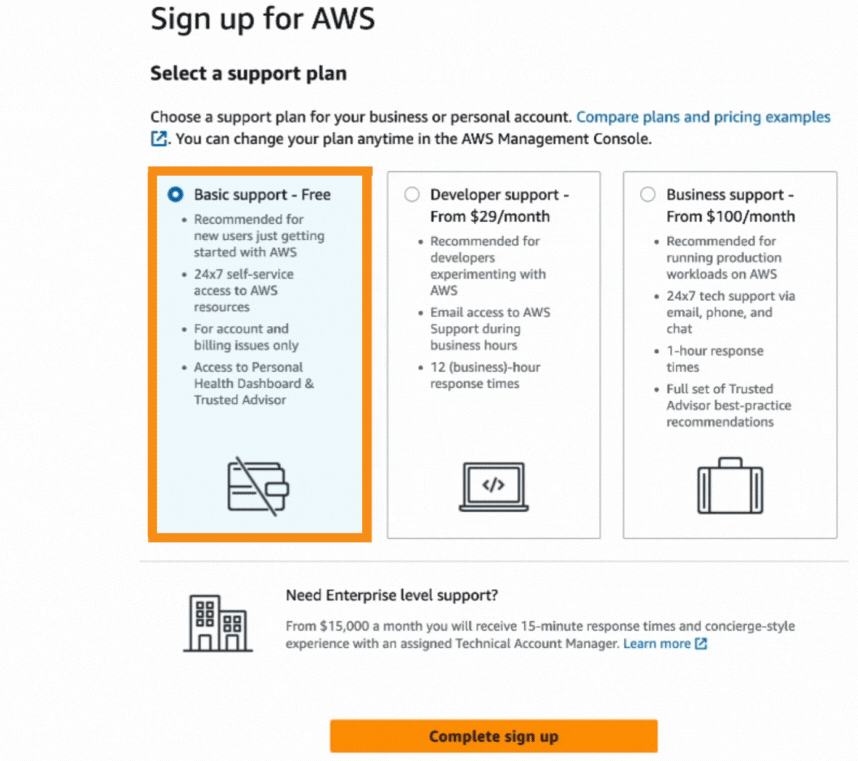 Selecting a support plan in the Sign up for AWS.