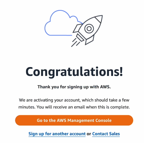 Getting "Congratulations!" message for signing up with AWS.