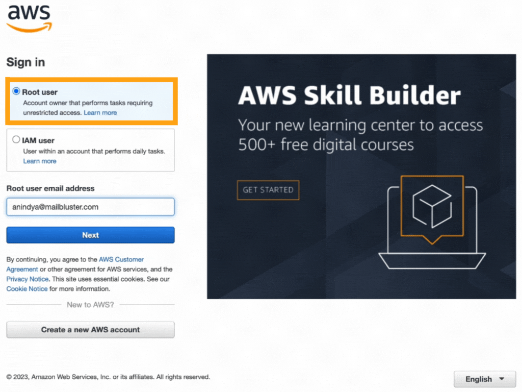 Signing is as Root user with providing email address in AWS.