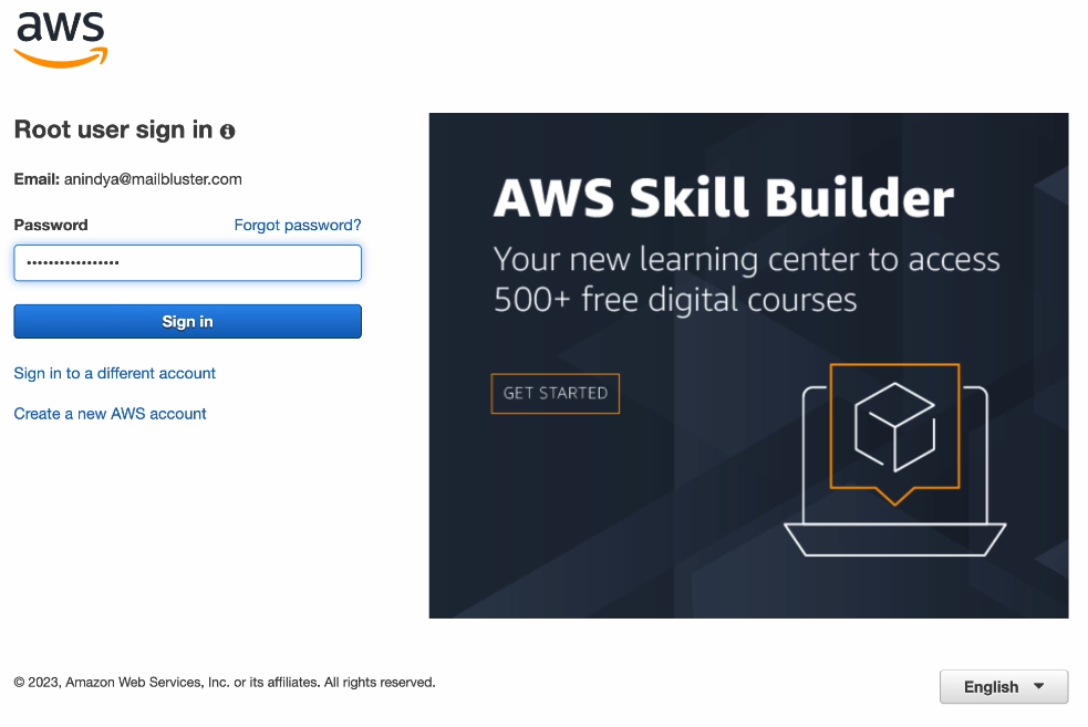 Signing is as Root user with providing password in AWS.