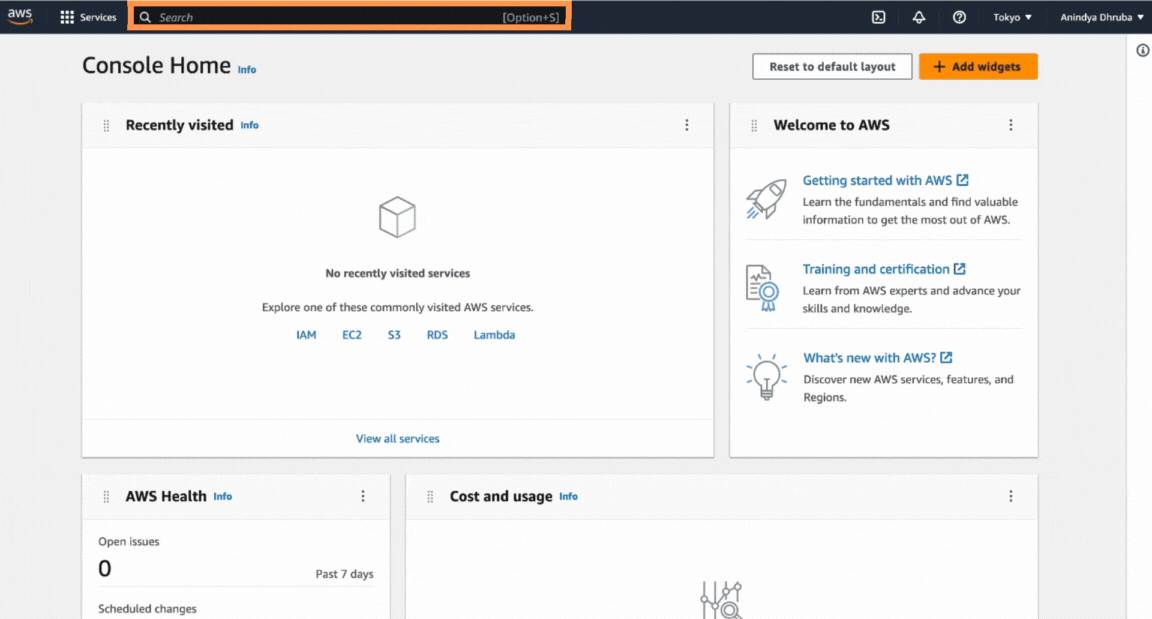 Selecting search box in the AWS management console page.