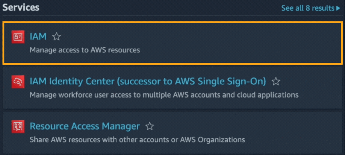 Selecting "IAM" from the IAM dashboard.
