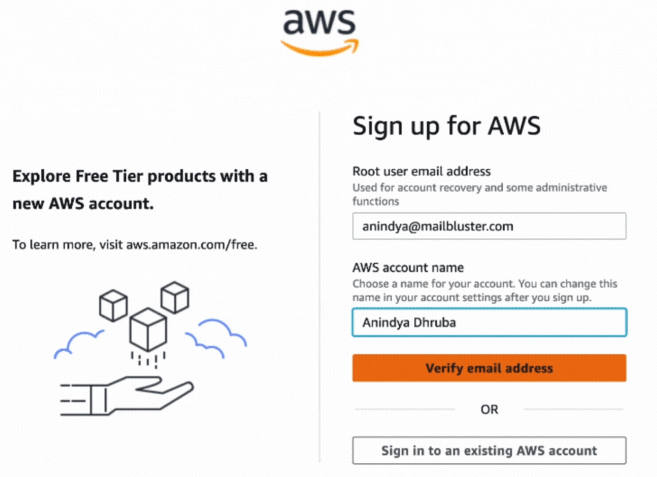 Completing Sign up for AWS form with email address and account name.
