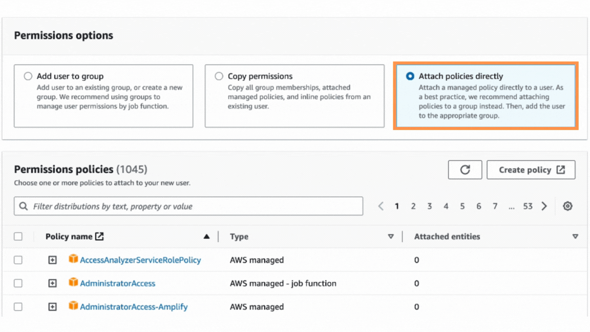Selecting "Attach policies directly" in the Permissions options page.