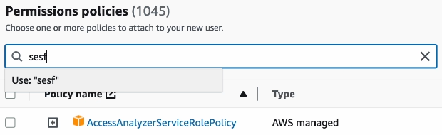 Typing "sesf" in the Permissions policies page.