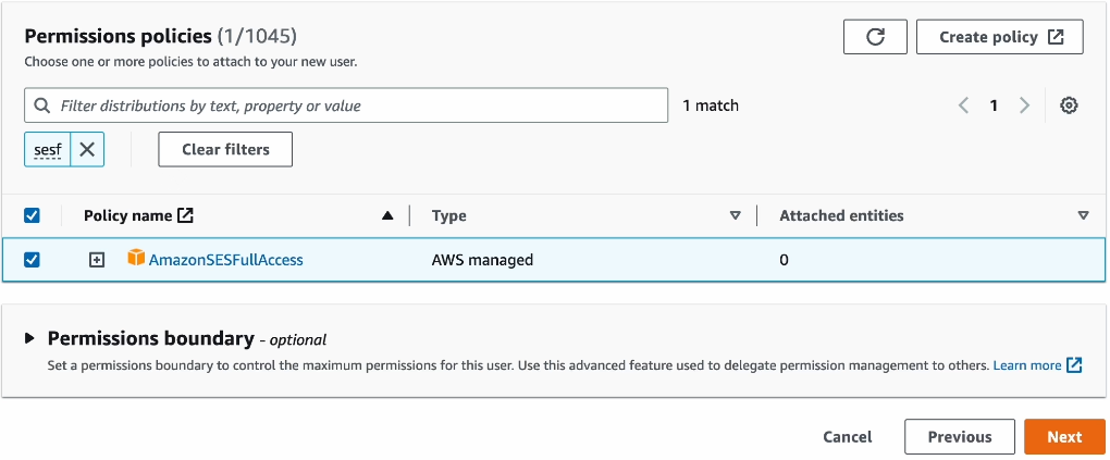 Finding policy named “AmazonSQSFullAccess” on the Permissions policies page.