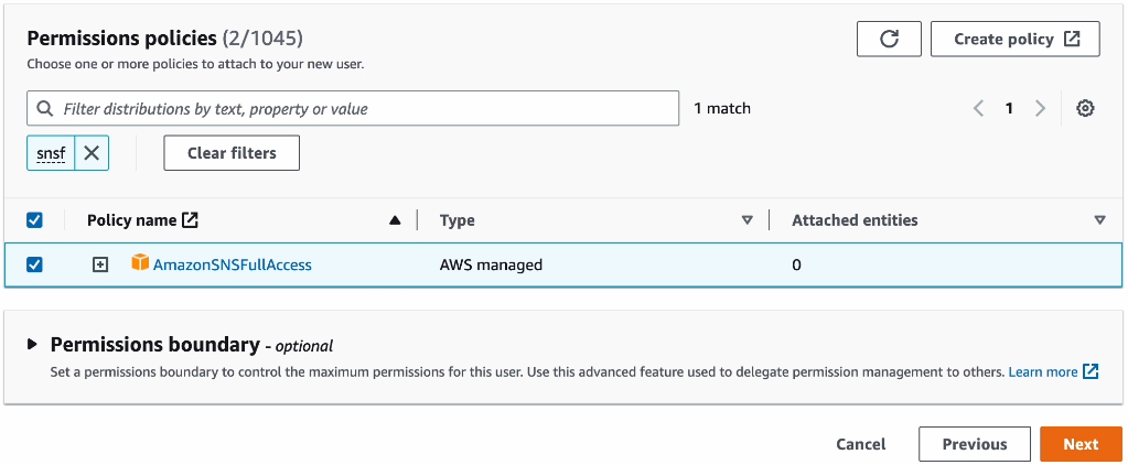 Clicking the “Next” button within selecting the “AmazonSESFullAccess” policy on the Permissions policies page.