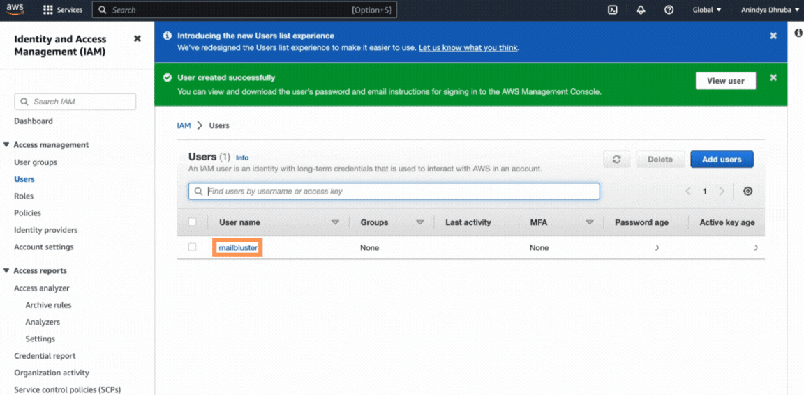 Checking the created account on the IAM user page in AWS.