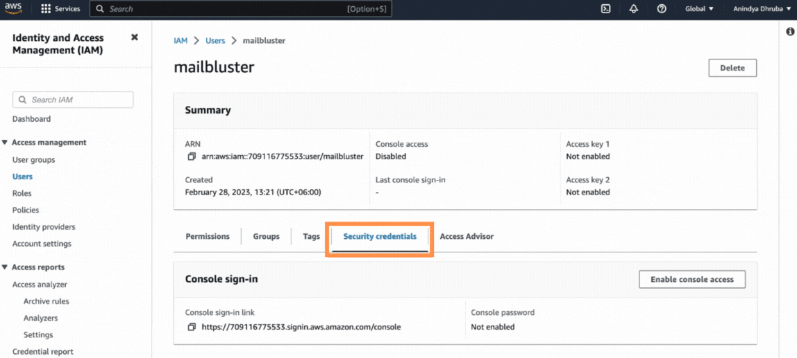 Selecting "Security credentials" in the IAM user page in AWS.