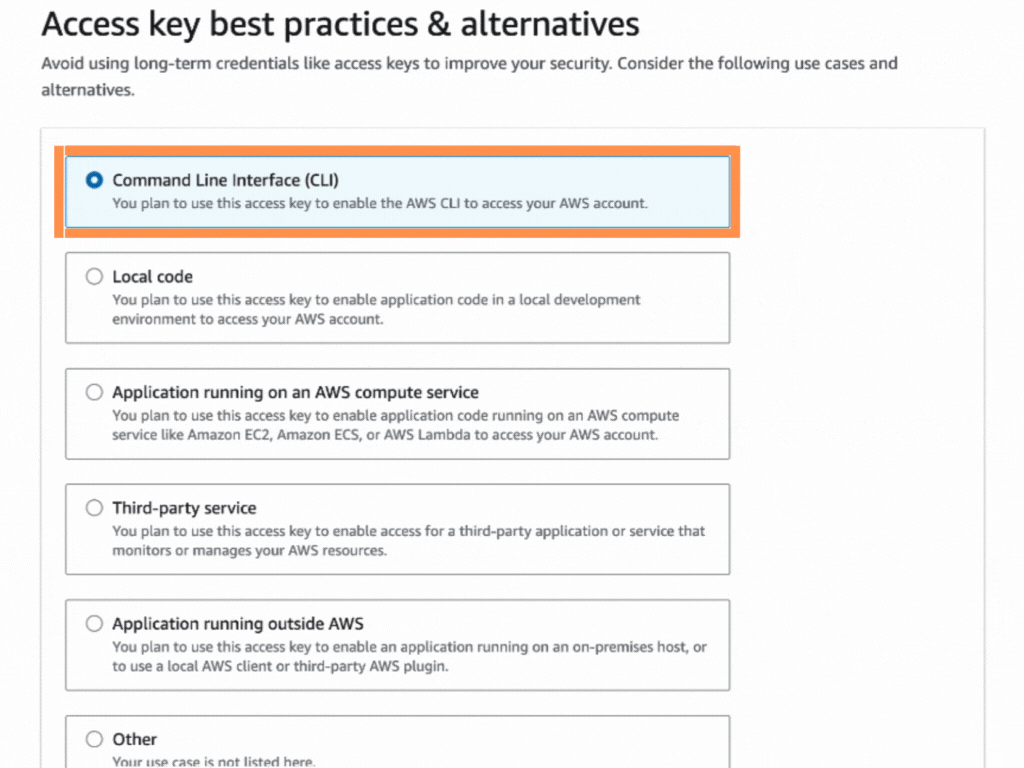 Clicking on the “Command Line Interface” in the “Access key best practices and alternatives” page.